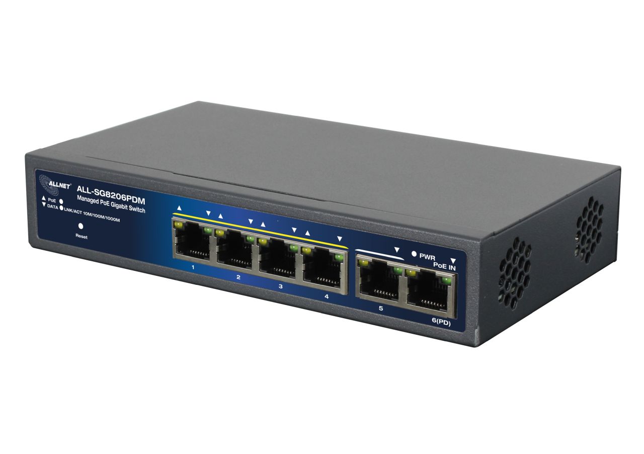 ALLNET Switch smart managed 6 Port Gigabit 95W / 4x PoE / 1x Gigabit / 1x PoE 90W BT In / \"ALL-SG8206PDM\"
