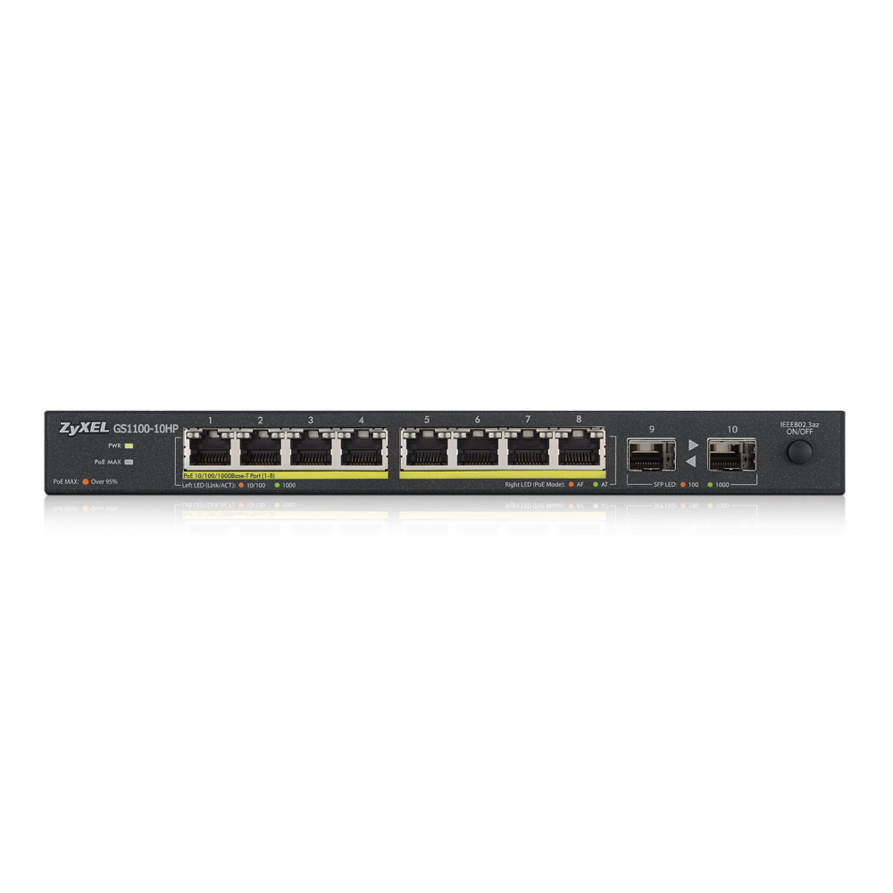Zyxel Switch unmanaged Layer2 10 Port • 8x 1 GbE • PoE Budget 130 Watt • 8x PoE at • 2x SFP • Desktop • Lüfterlos • GS1100-10HPV2