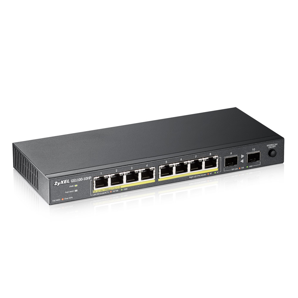 Zyxel Switch unmanaged Layer2 10 Port • 8x 1 GbE • PoE Budget 130 Watt • 8x PoE at • 2x SFP • Desktop • Lüfterlos • GS1100-10HPV2